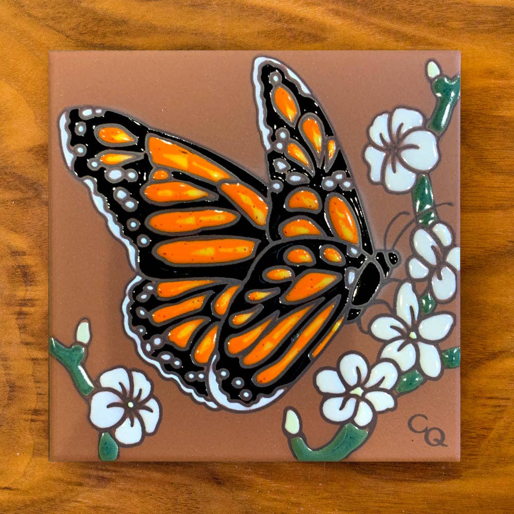 Monarch with White Flowers Art Tile Trivet