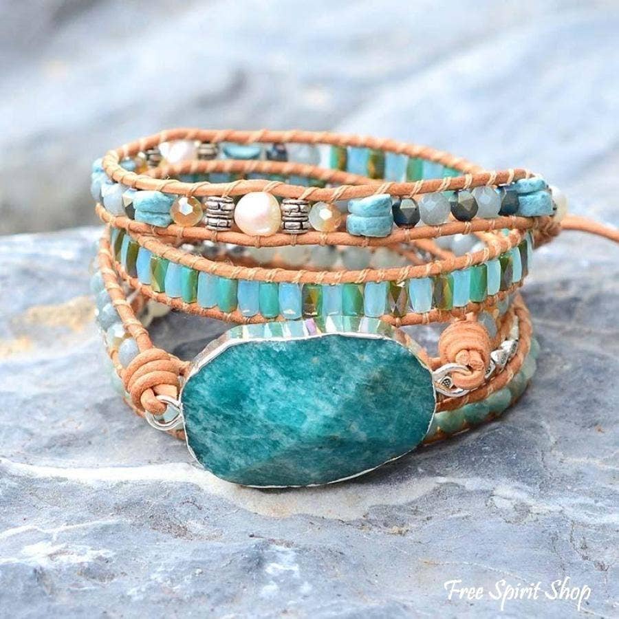 Natural Calming Amazonite Bead Wrap Bracelet, Boho Jewelry