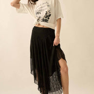 Lace Curved-Hem Midi Skirt, Black