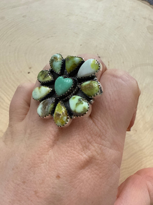 Beautiful Handmade Palomino Turquoise, Paloma Turquoise And Sterling Silver Adjustable Heart  Ring