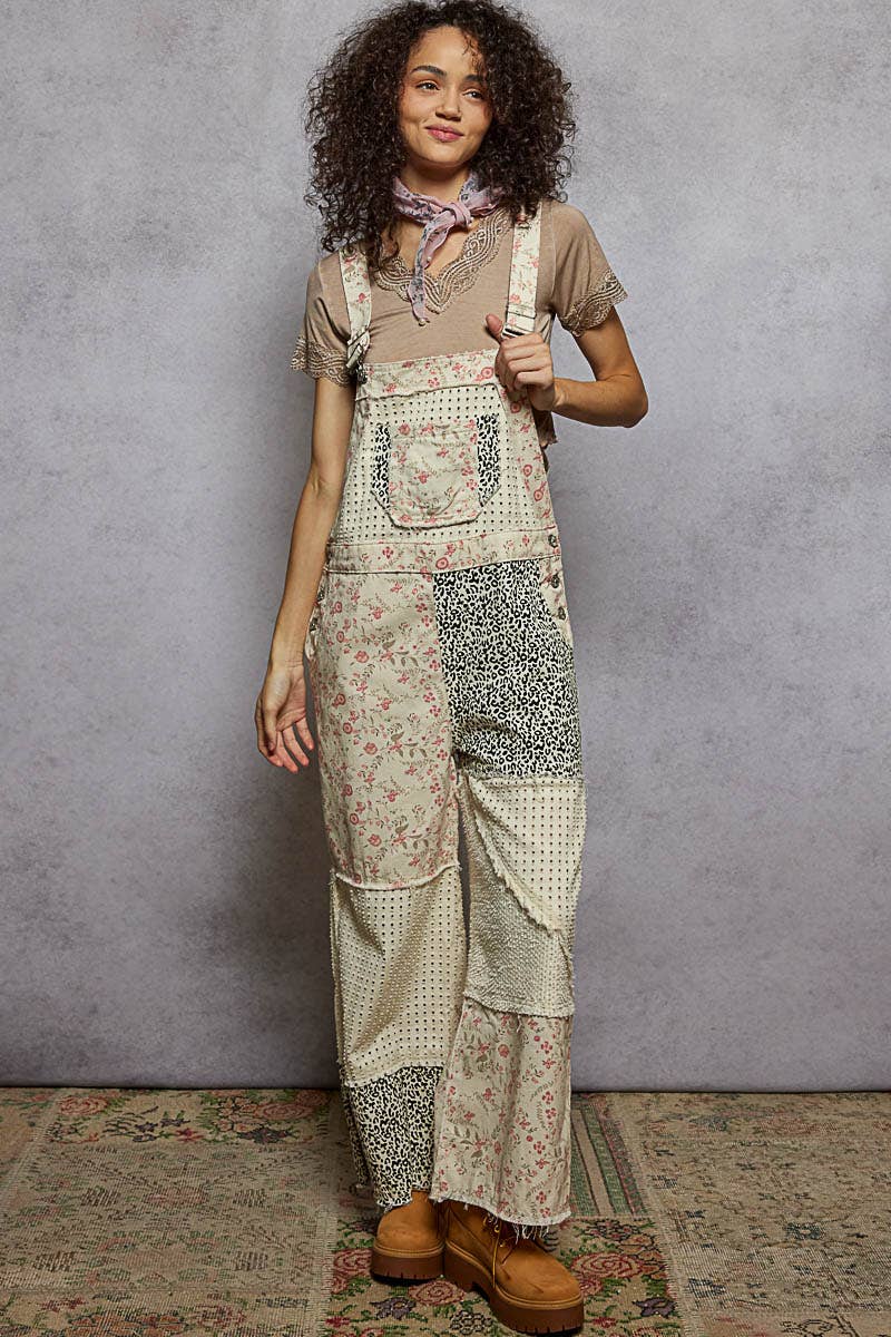 Animal Print & Floral Overalls, Cream