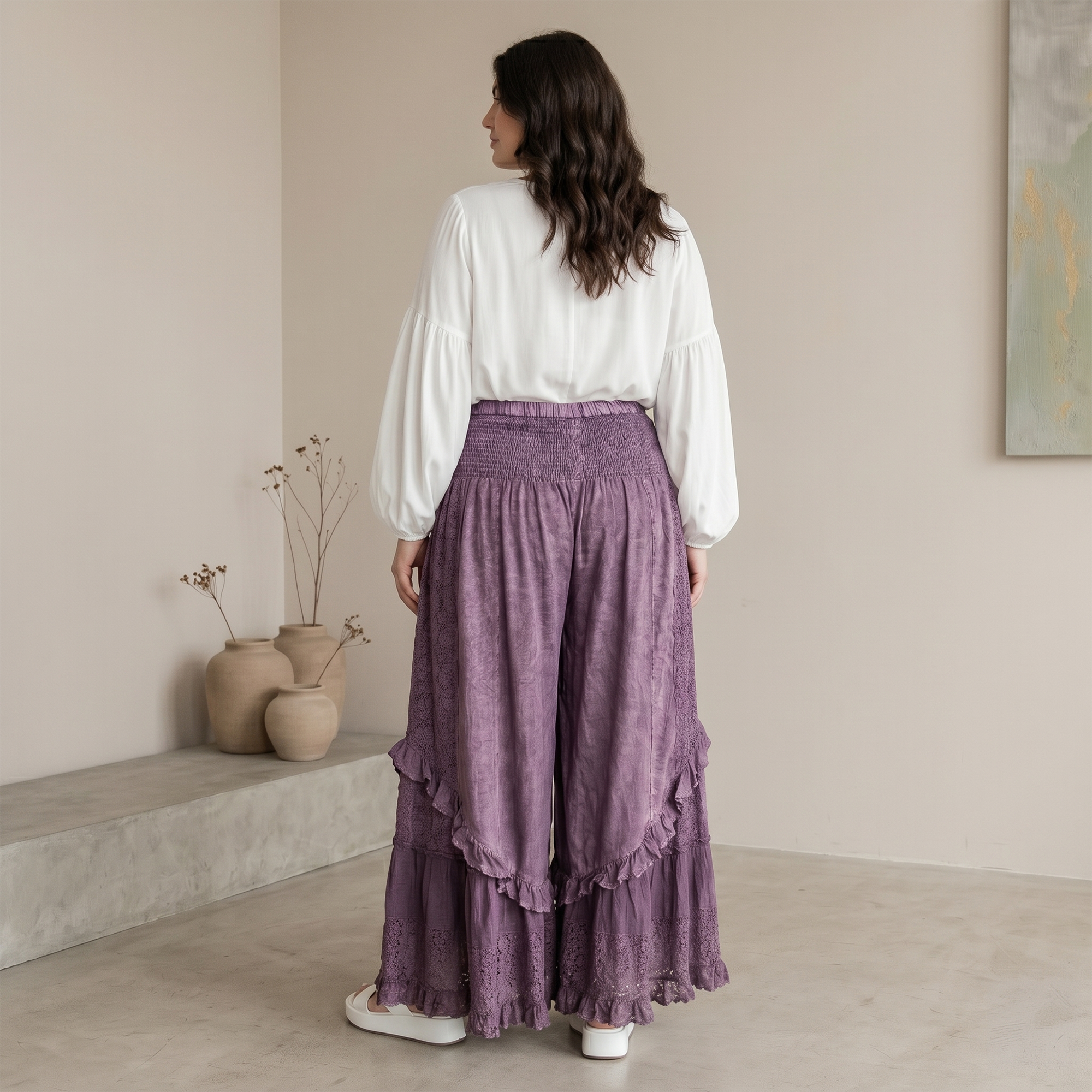 Mineral Wash Lace Tiered Ruffle Pants