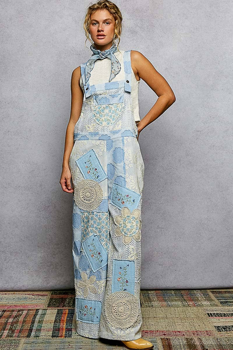 Floral Patchwork Woven Overalls