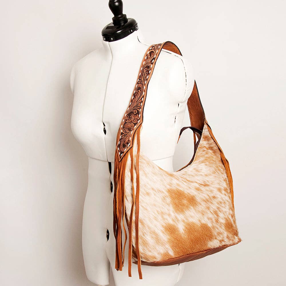 American Darling Hobo Bag Light Hair-On Hide with Tooled Leather Strap & Fringe