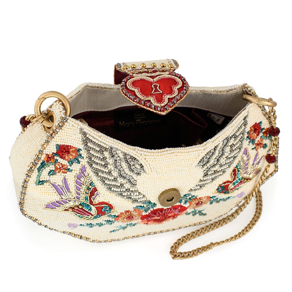 Keepsake Beaded Heart Wings and Lock Crossbody Handbag