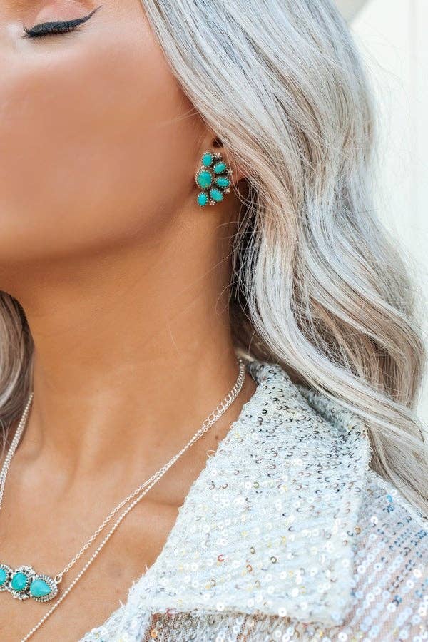Turquoise & Sterling Half Cluster Blossom Earrings