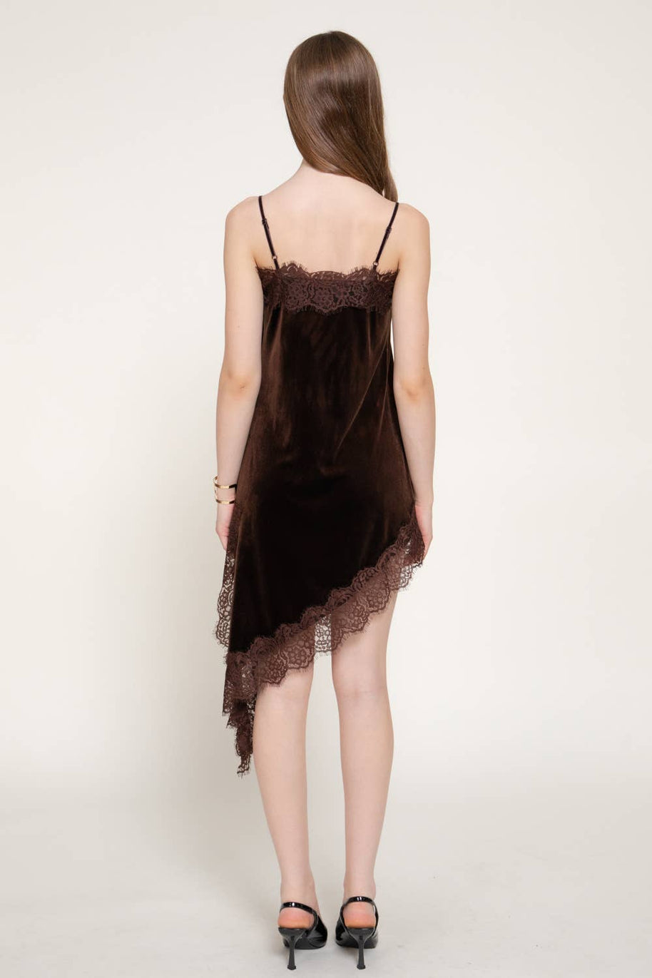 Straight Neck Lace Trim Asymmetrical Velvet Mini Dress