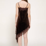Straight Neck Lace Trim Asymmetrical Velvet Mini Dress