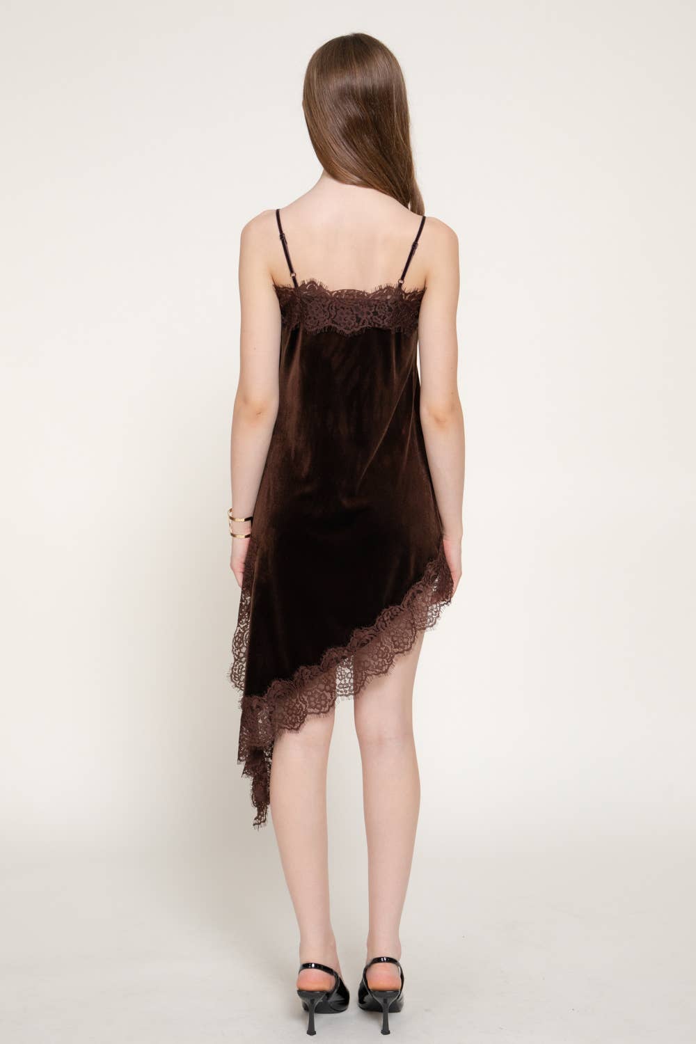 Straight Neck Lace Trim Asymmetrical Velvet Mini Dress