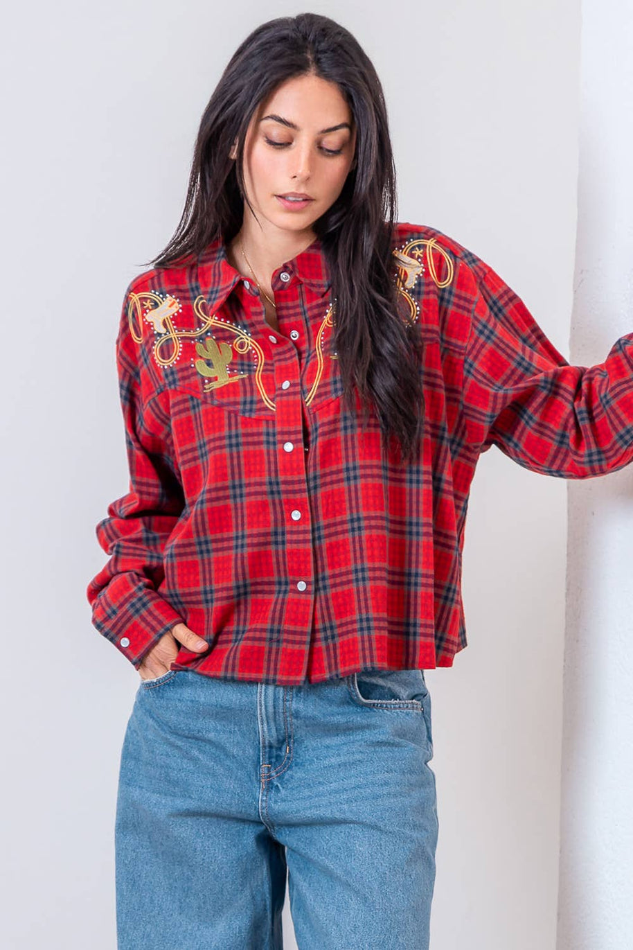 Red Western Plaid Shirt with Embroidery