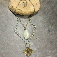 Double Layered Stone & Bronze Heart Drop Necklace