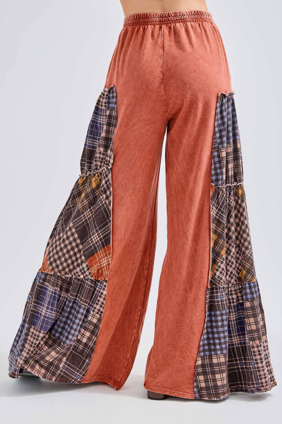 Mineral Washed Tiered Plaid Wide Flare pants HP6675