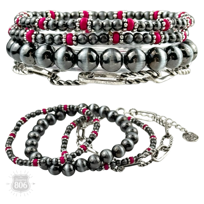 Western burnished pearl bead & chain bracelet set