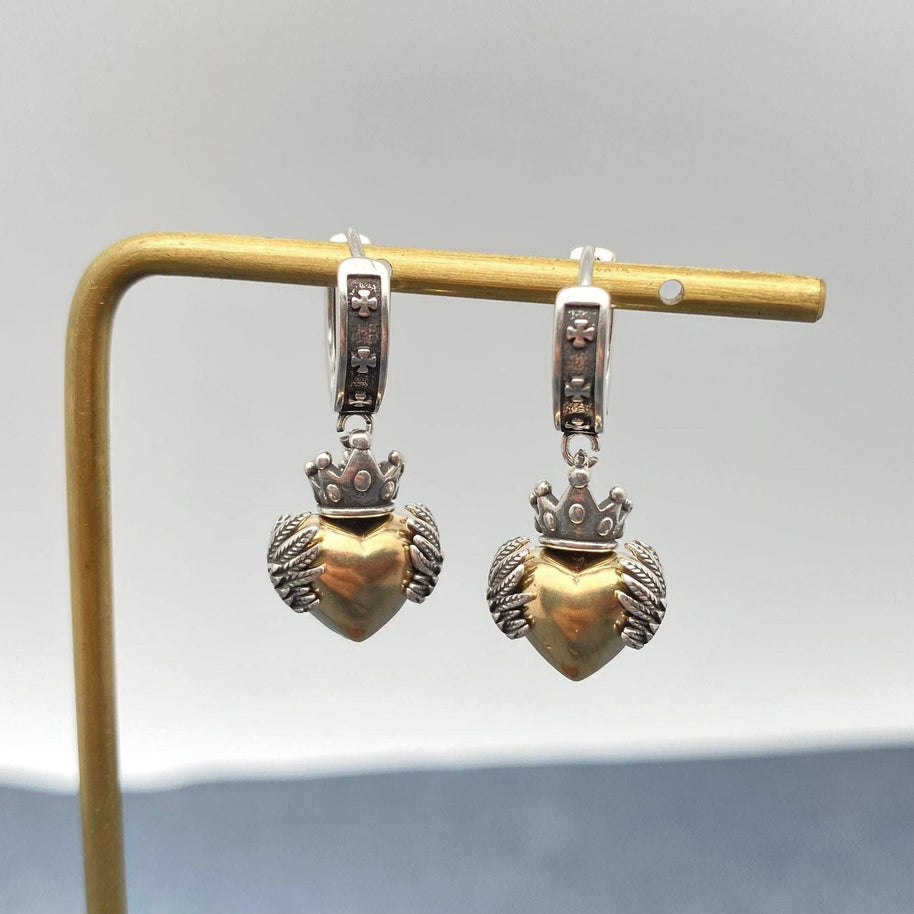 Silver Plated Gothic Crown Wings Heart Earrings