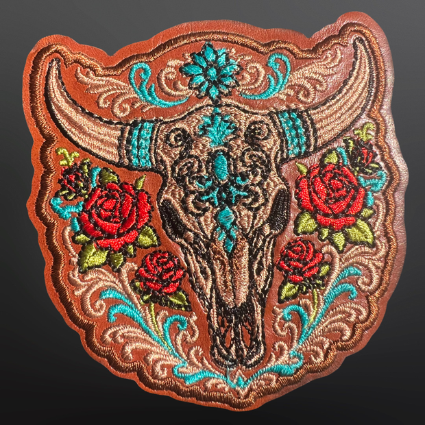 Trucker Hat Patch - Western Red Rose w/ Cow Skull