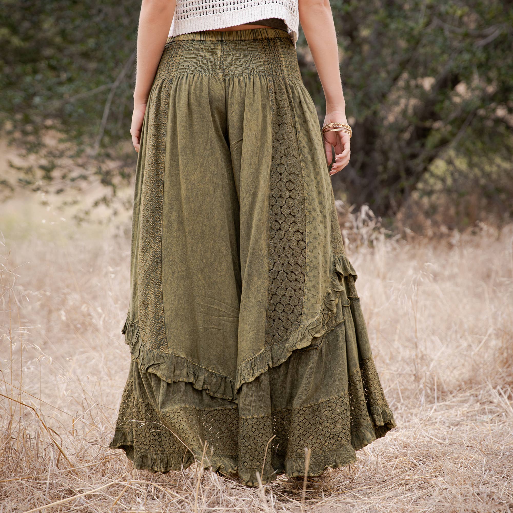 Mineral Wash Lace Tiered Ruffle Pants