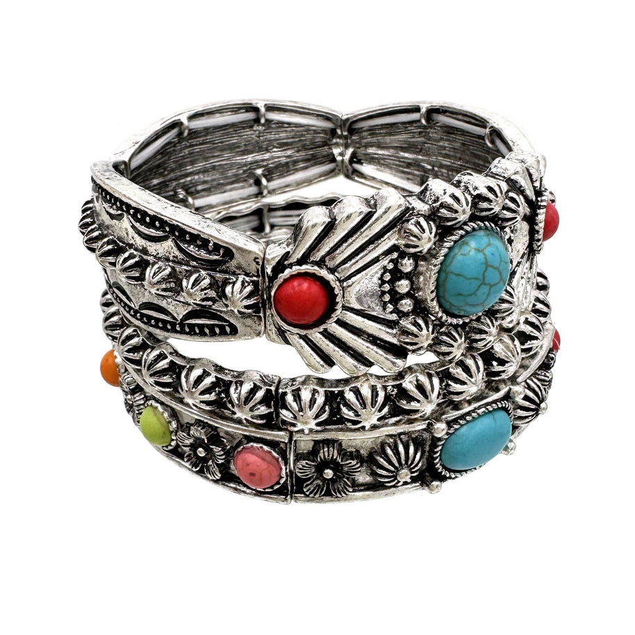 Turquoise Flower Three Piece Western Chunky Stretch Bracelet