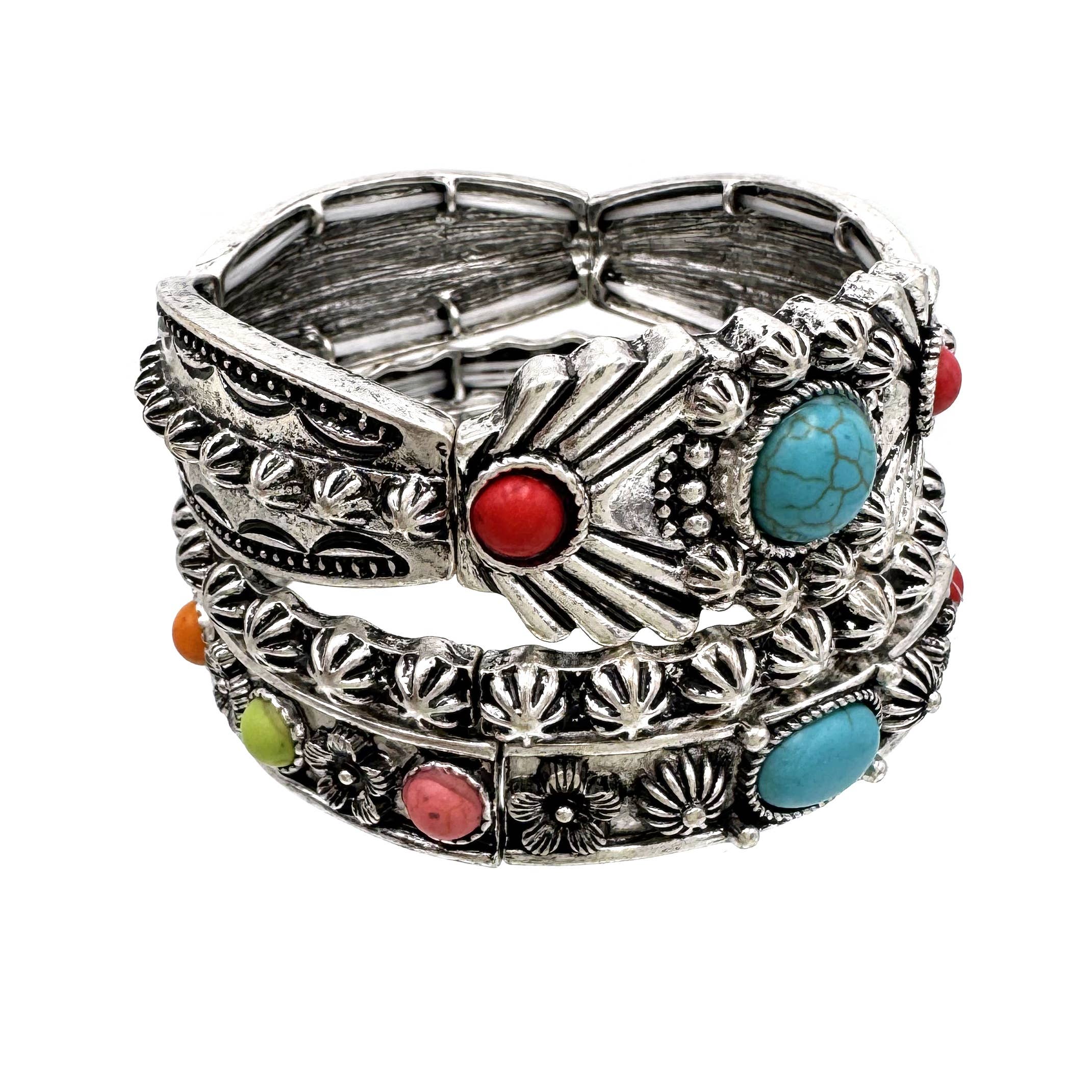 Turquoise Flower Three Piece Western Chunky Stretch Bracelet