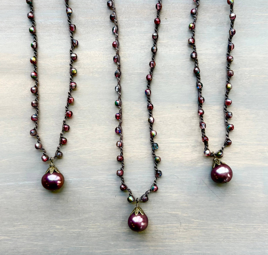 Antique Rose Freshwater Pearl Drop Crocheted Necklace