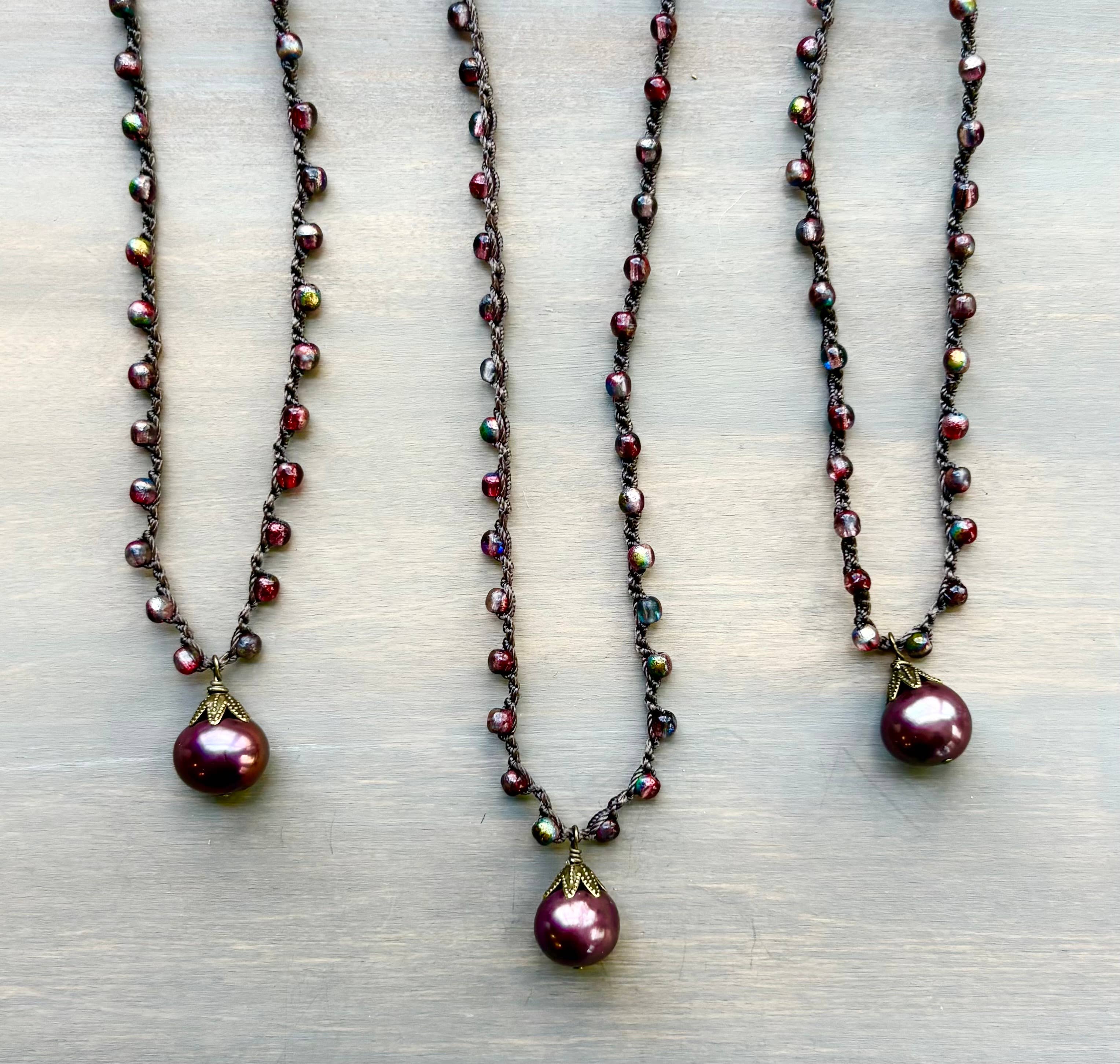 Antique Rose Freshwater Pearl Drop Crocheted Necklace