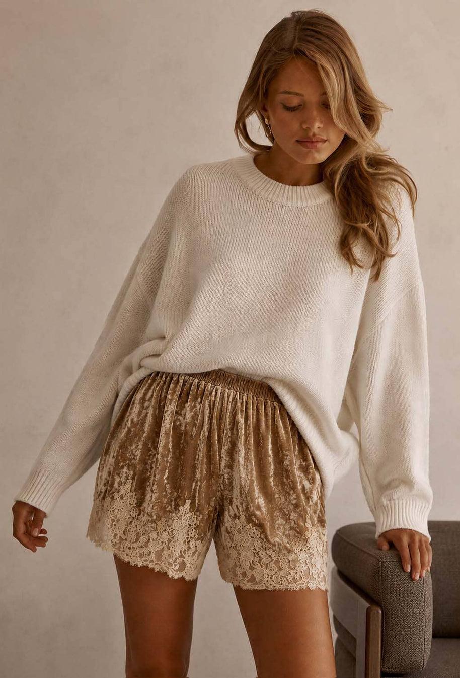 Crushed Velvet & Lace Shorts, Three Colors