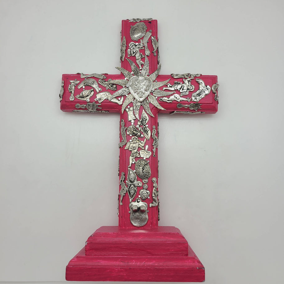 Wood Milagros Cross on Stand