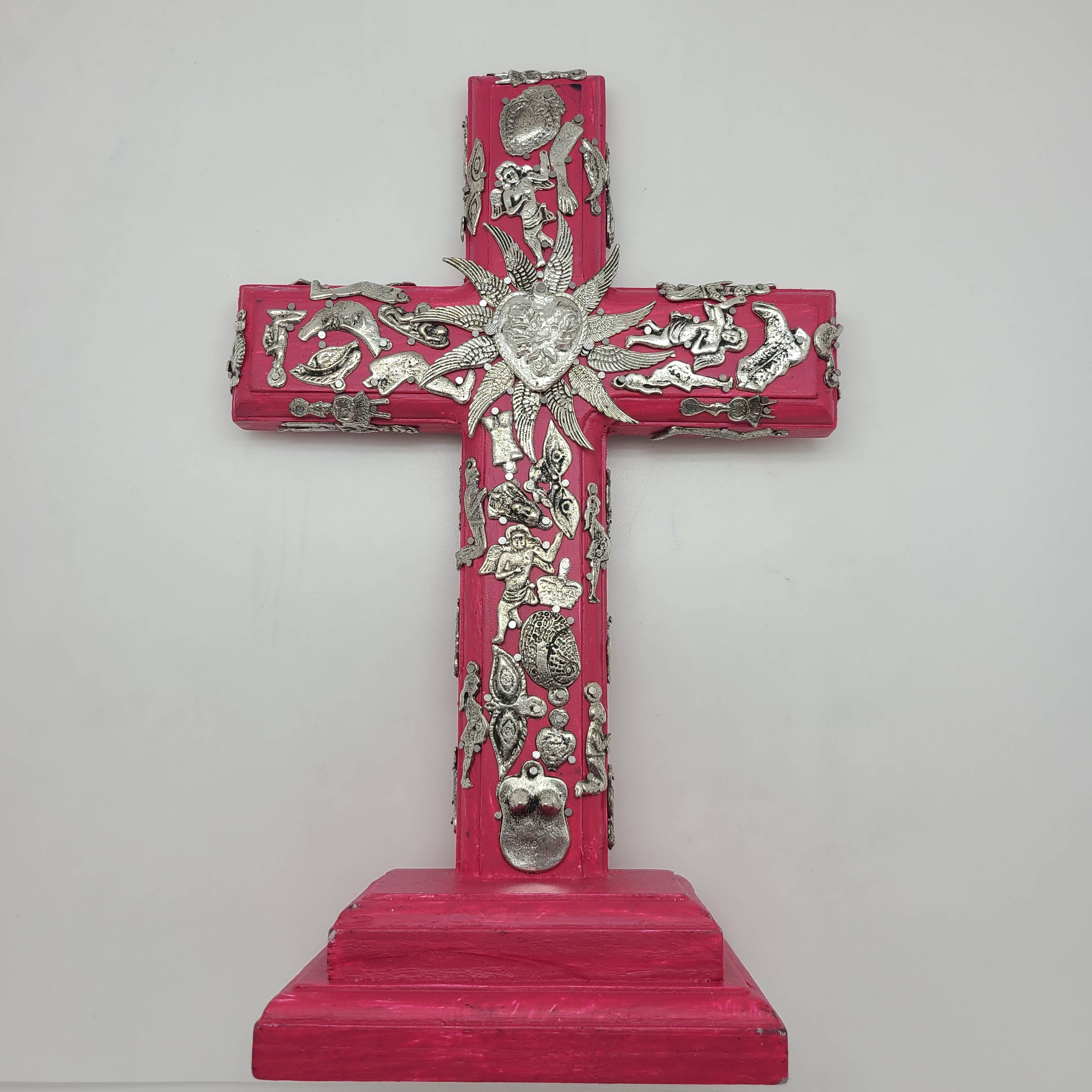 Wood Milagros Cross on Stand