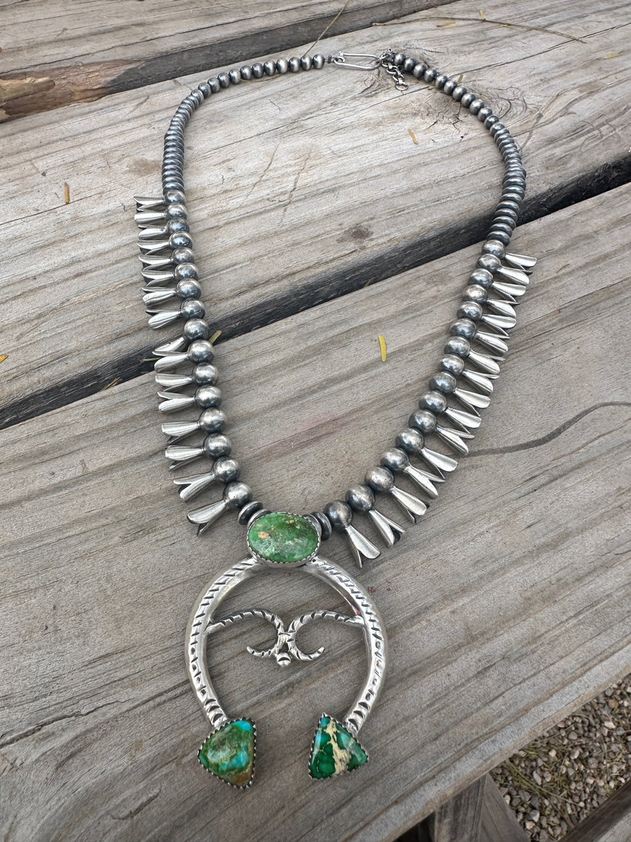 Beautiful Handmade Sterling Silver & Sonoran Mountain Turquoise Squash Blossom Necklace