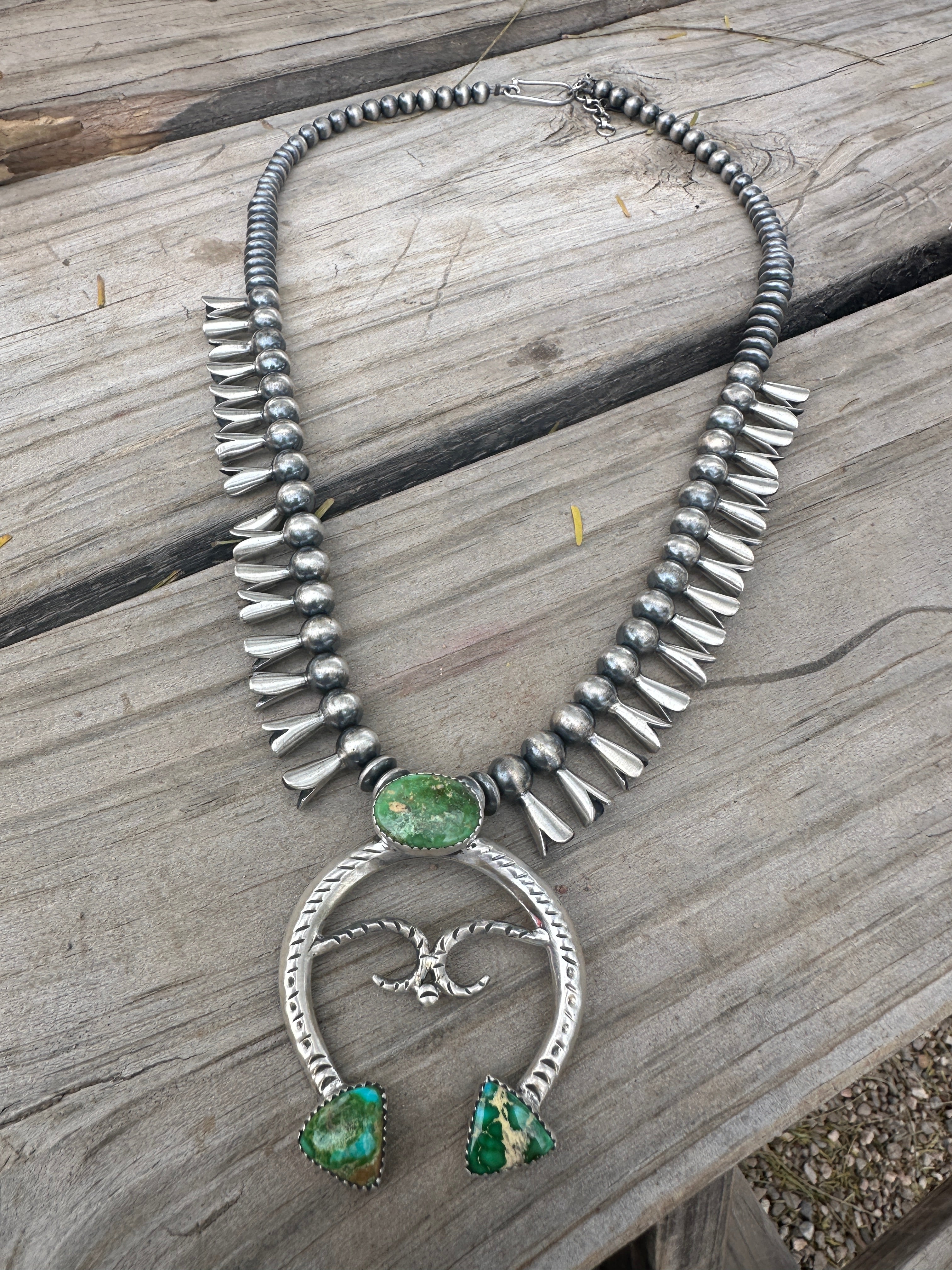 Beautiful Handmade Sterling Silver & Sonoran Mountain Turquoise Squash Blossom Necklace