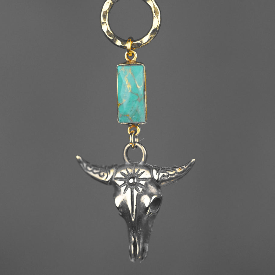Antiqued Brass Bull w/ Turquoise Necklace