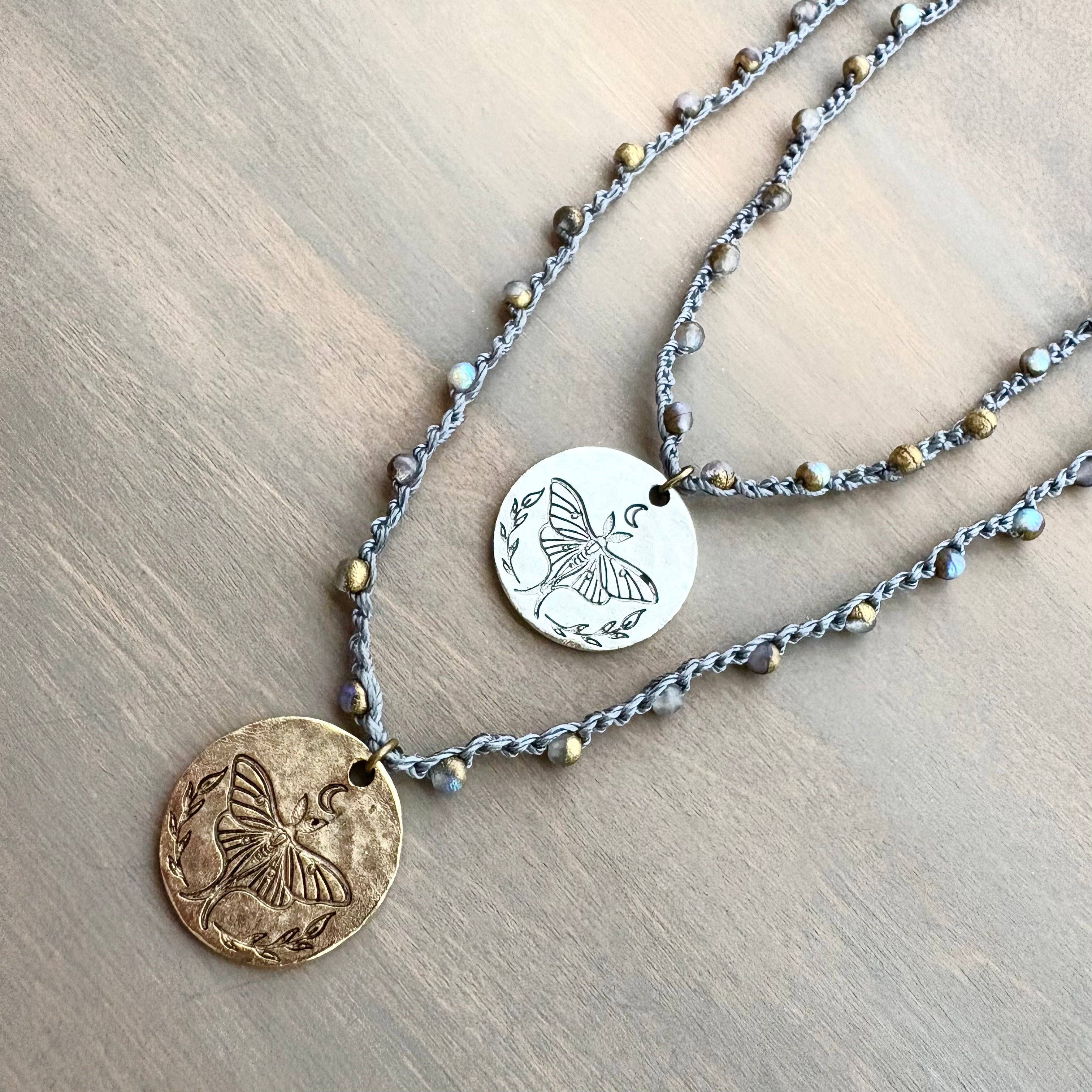 Galaxy Crystal Crocheted Necklace with Luna Moth Charm