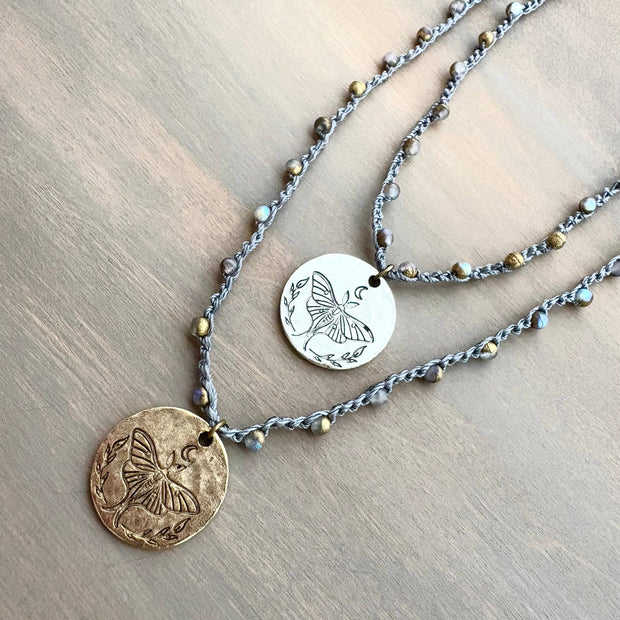 Galaxy Crystal Crocheted Necklace with Luna Moth Charm