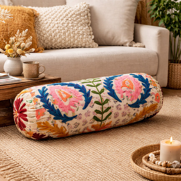 Decorative Bolster | 21x8" | Multi color Embroidered Pillow