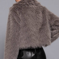Long Sleeve Notched Collar Faux Fur Cropped Jacket