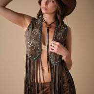 Western Horse Embroidery Fringe Vest