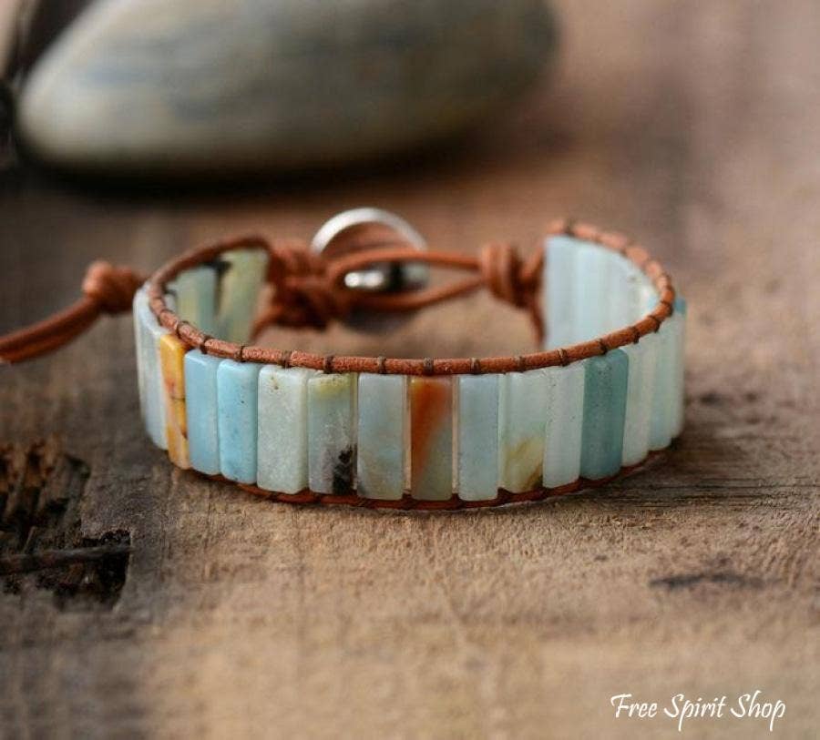 Natural  Amazonite Stone & Leather Tree Of Life Bracelet