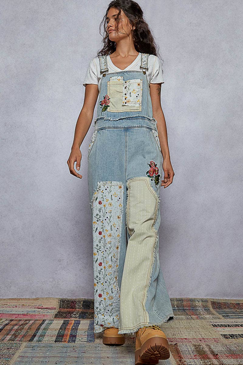 Pol Clothing Floral Patchwork Embroidery Overall