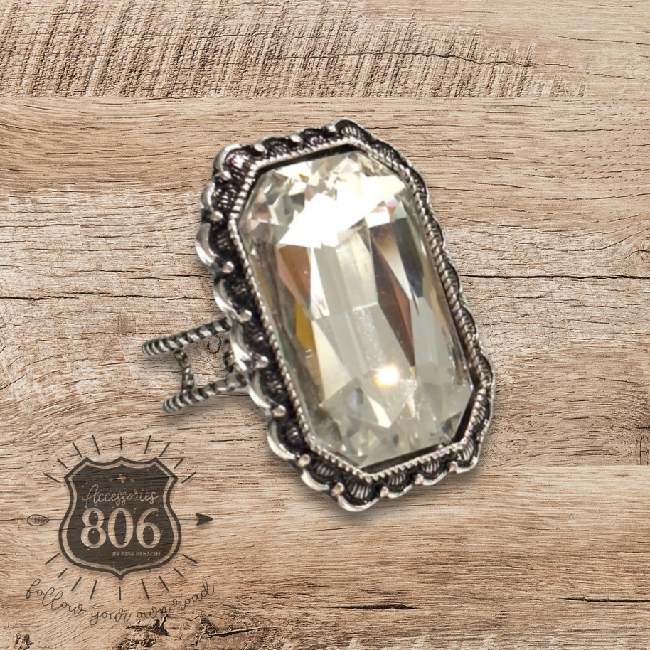 Hexagon silver & rhinestone ring