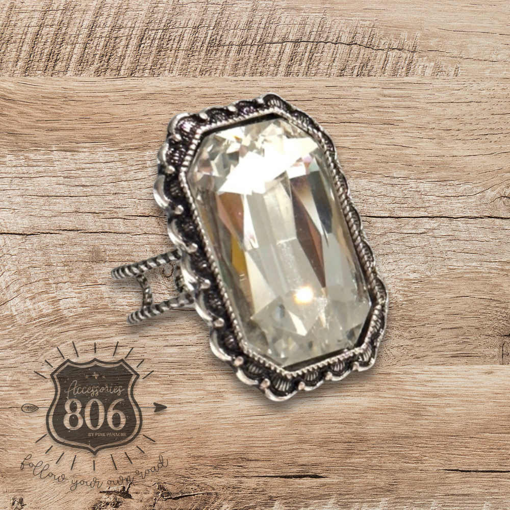 Hexagon silver & rhinestone ring