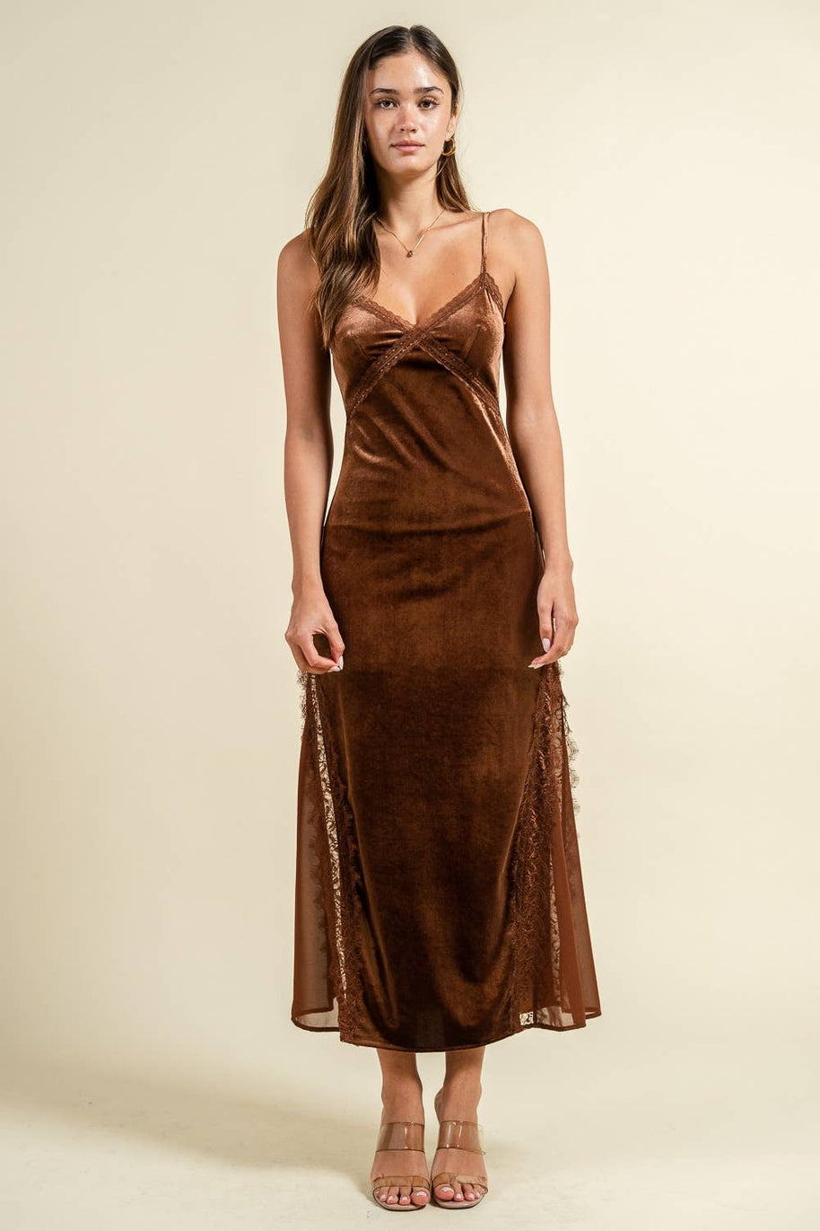 Velvet Slip Dress, Brown