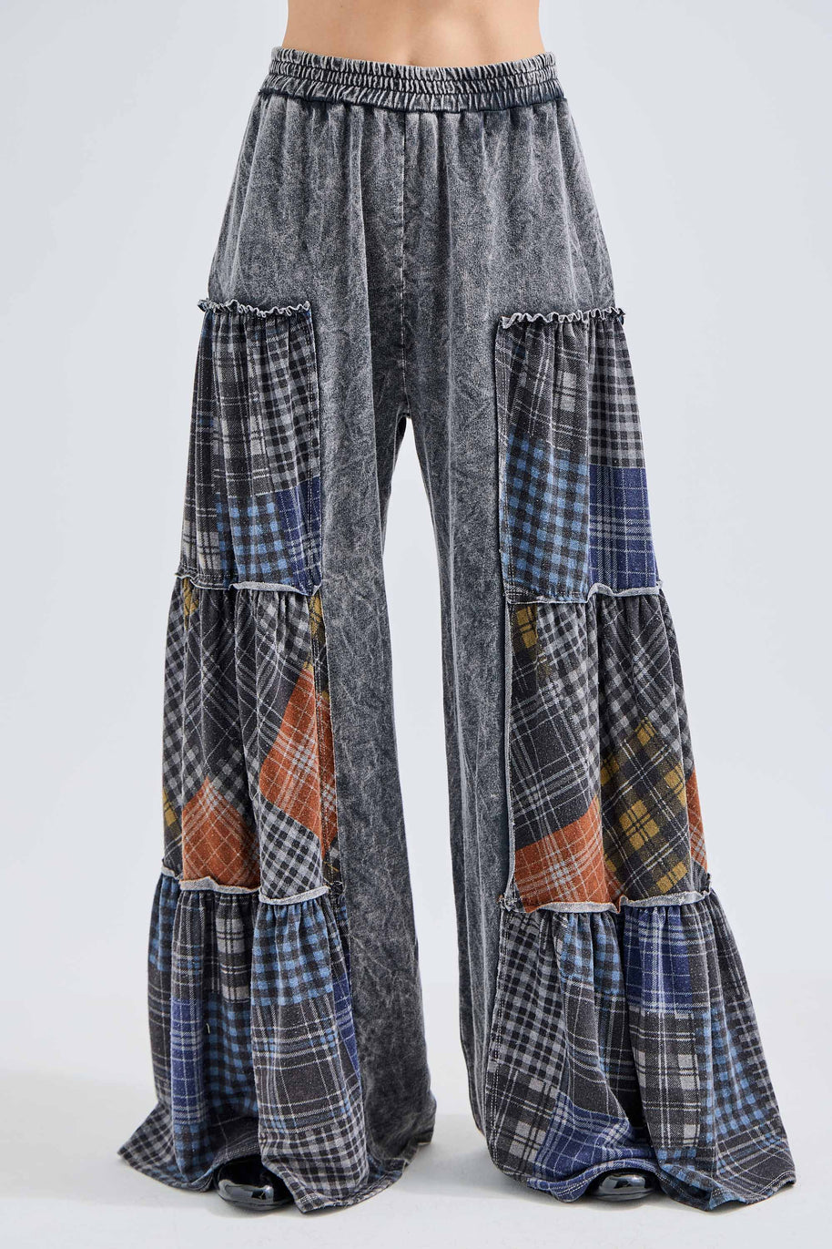 Mineral Washed Tiered Plaid Wide Flare pants HP6675