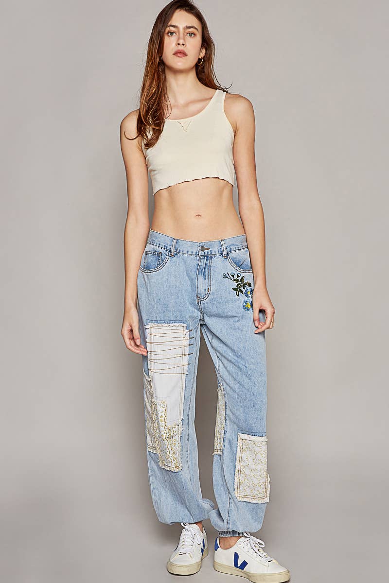 Embroidered Patchwork detail Jogger Pants