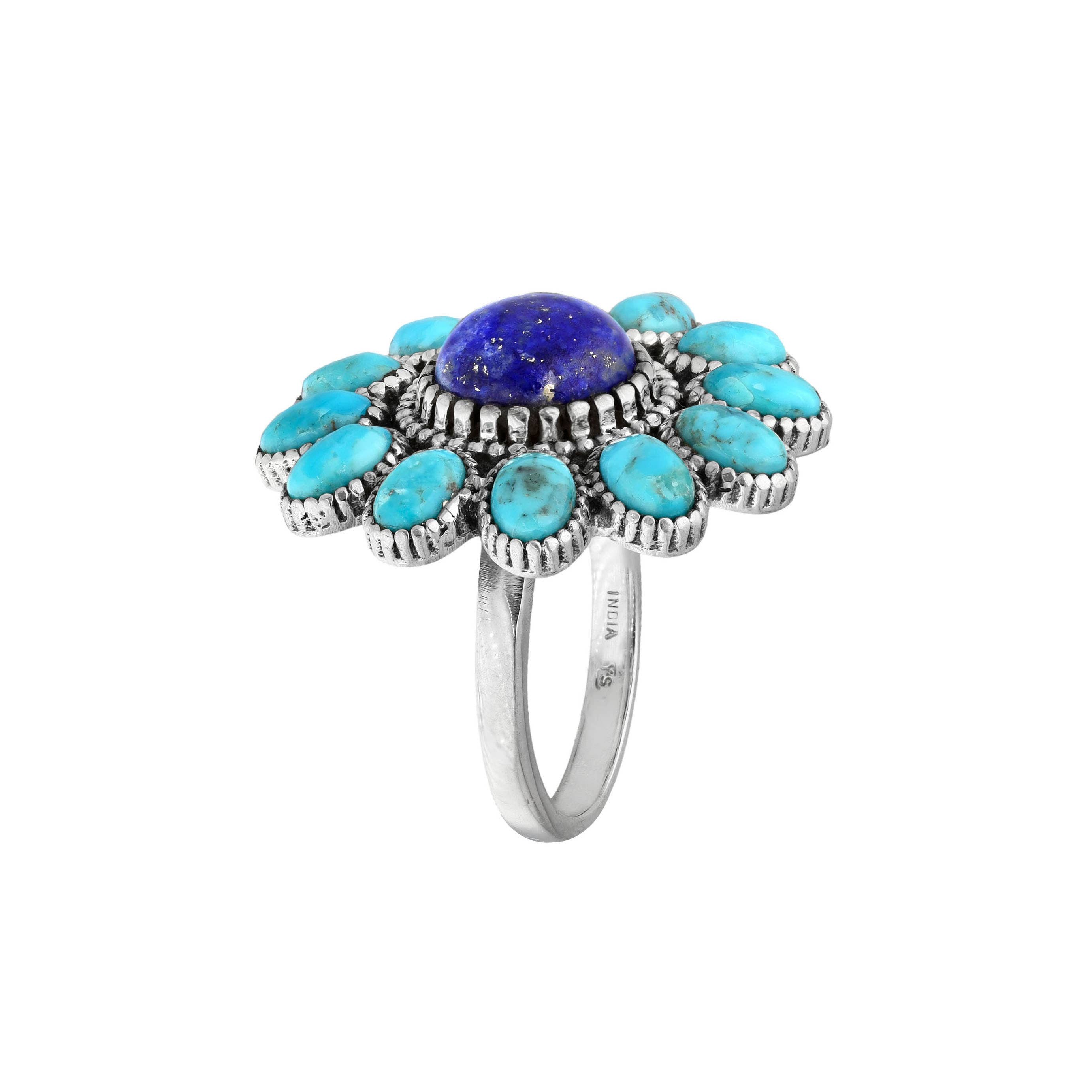 Silver Lapis and Turquoise Celestial Bloom Ring