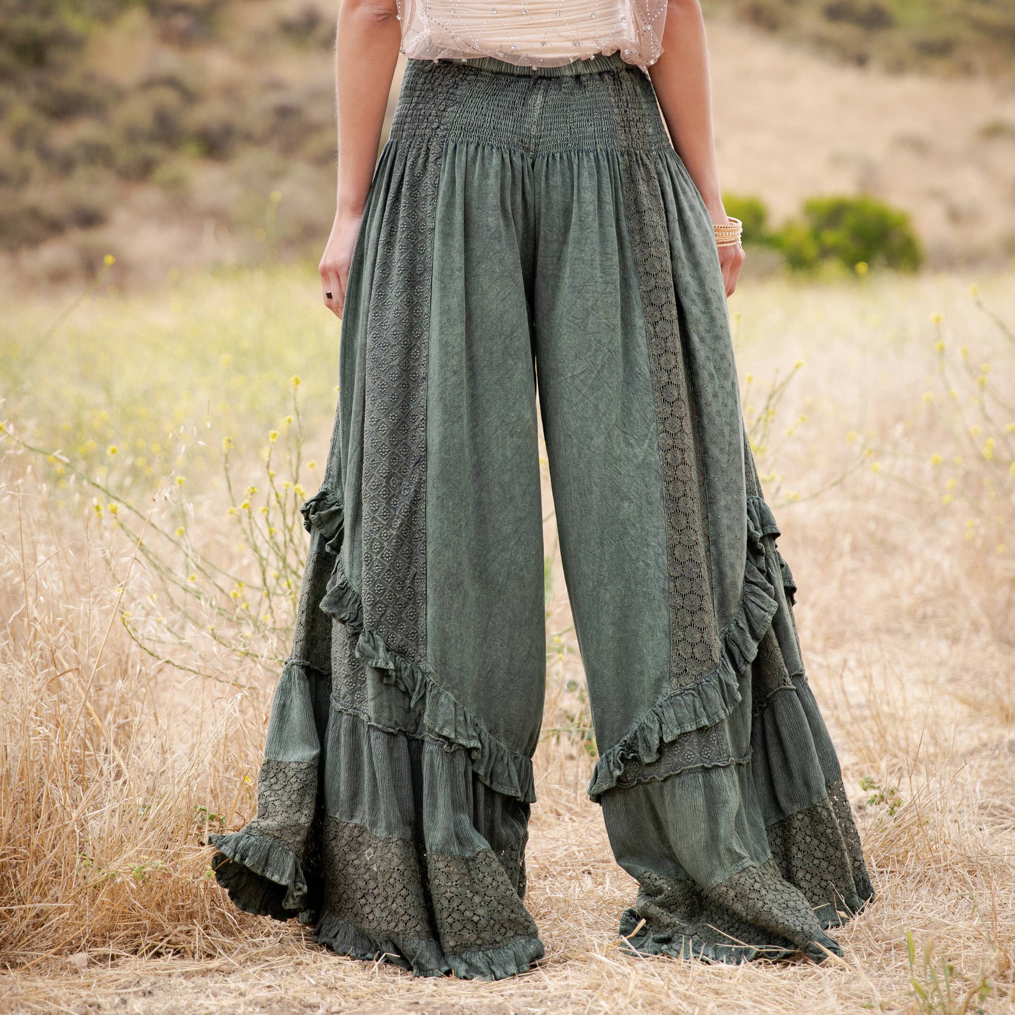 Mineral Wash Lace Tiered Ruffle Pants
