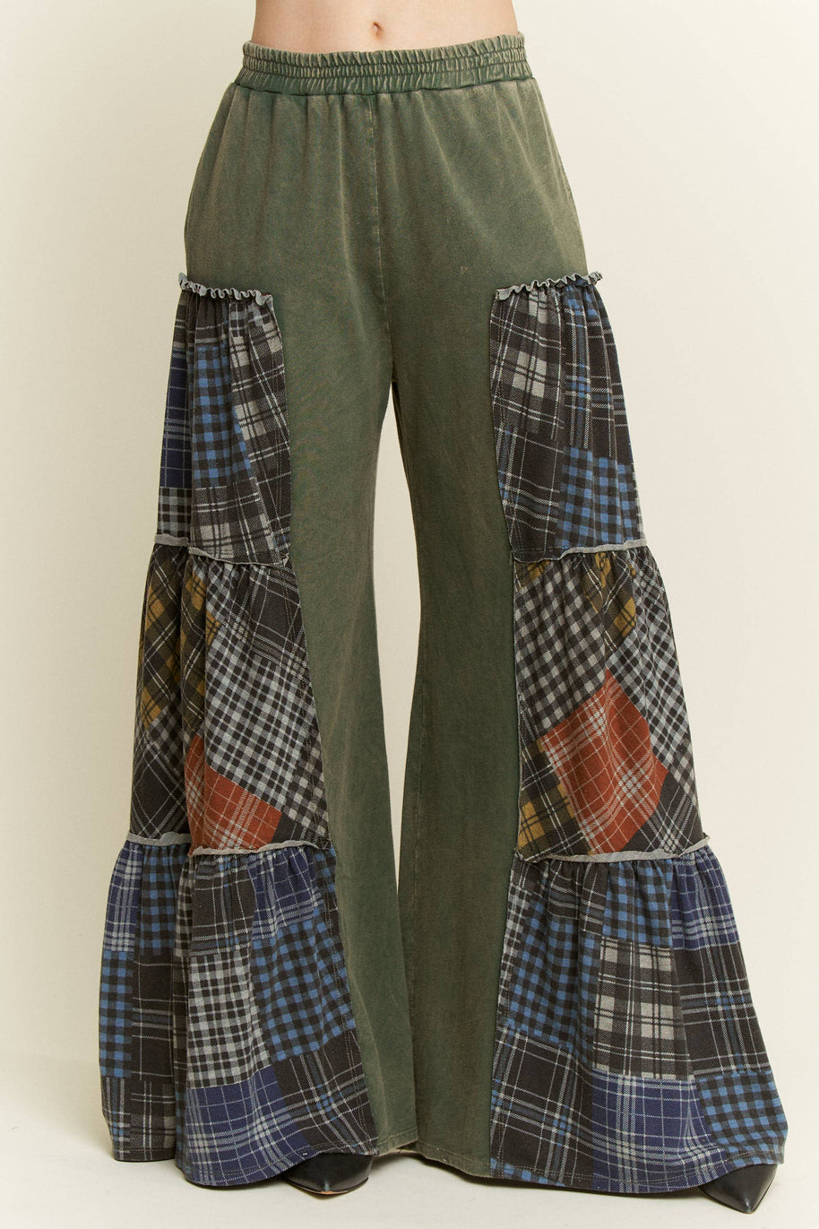 Mineral Washed Tiered Plaid Wide Flare pants HP6675