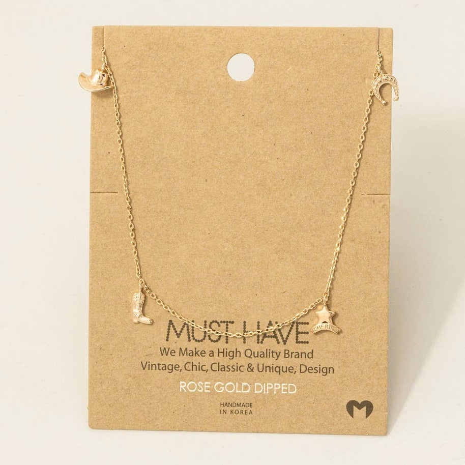 Gold Dipped Cowboy Theme Charms Chain Necklace
