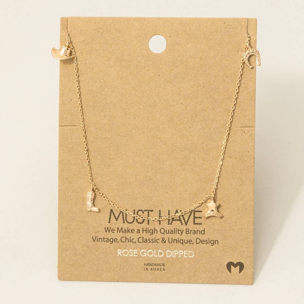 Gold Dipped Cowboy Theme Charms Chain Necklace