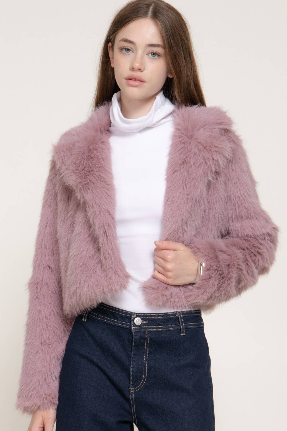 Long Sleeve Notched Collar Faux Fur Cropped Jacket