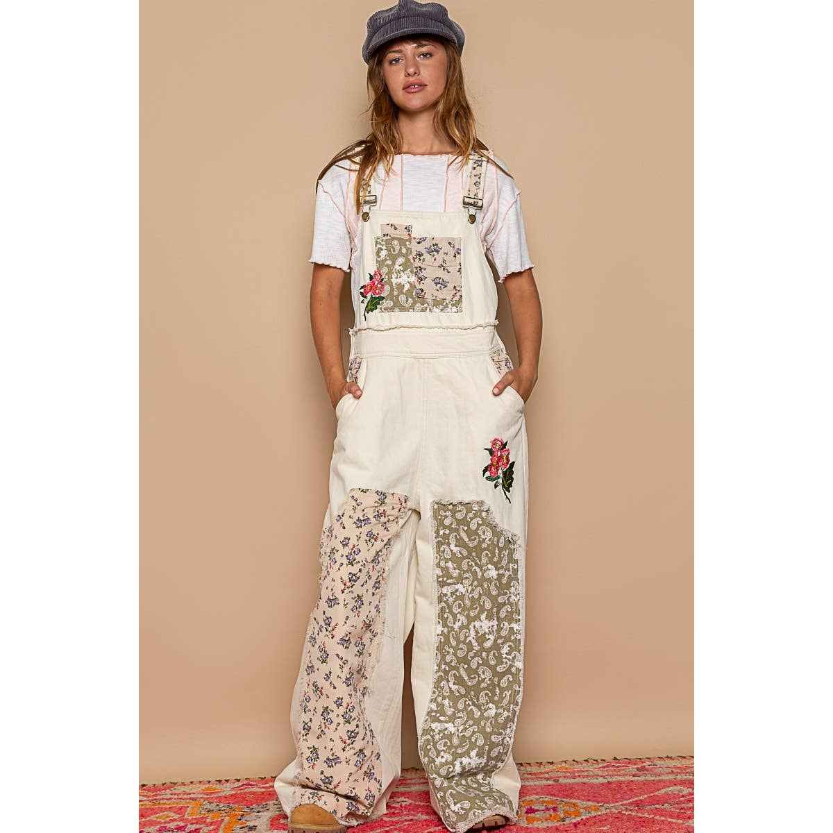 Patchwork Denim Overall, Almond