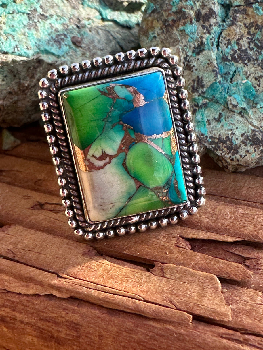 Beautiful Handmade Peacock Dahlia Rectangle Sterling Silver Adjustable Ring